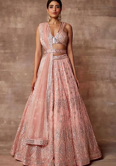 Pink Embroidered Organza Lehenga Set