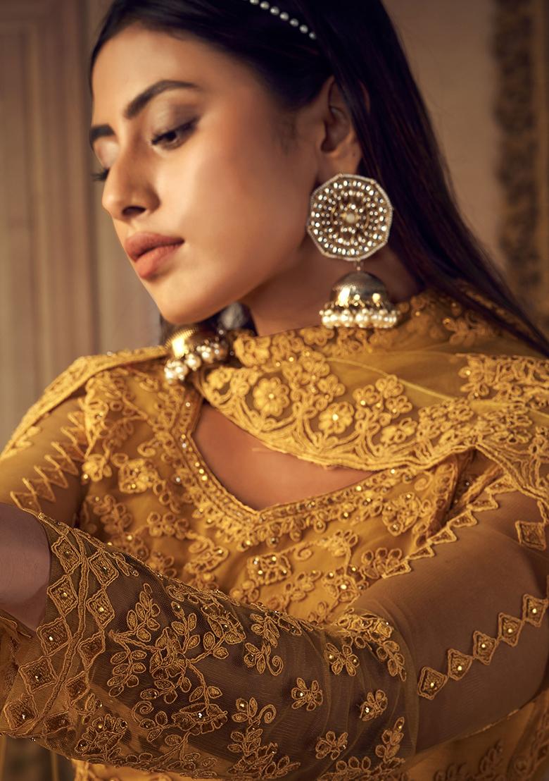 Mustard Embroidered Net Lehenga Set