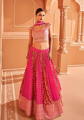 Pink Embroidered Chinon Silk Lehenga Set