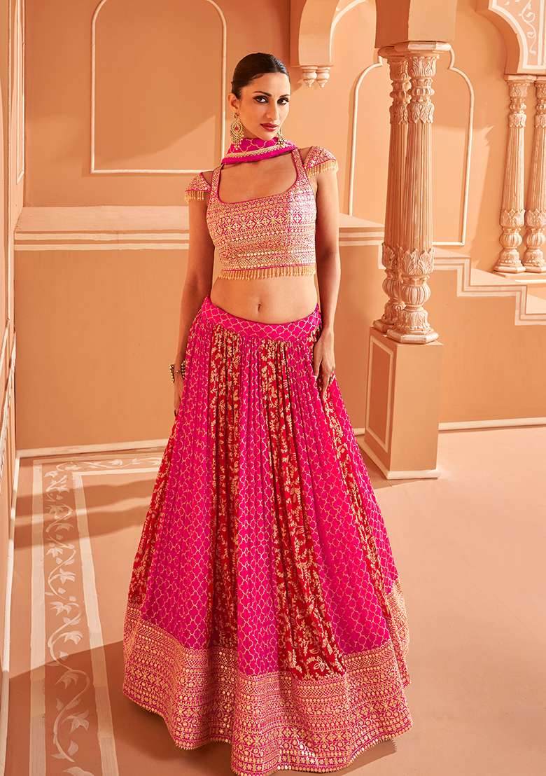 Pink Embroidered Chinon Silk Lehenga Set - Indya