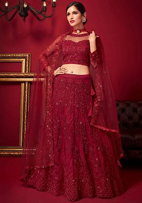 Red Embroidered Net Lehenga Set