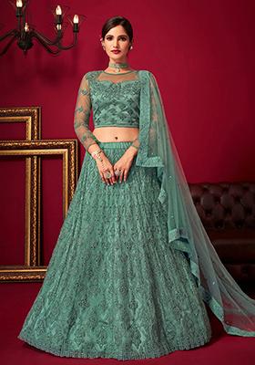 Turquoise Embroidered Net Lehenga Set