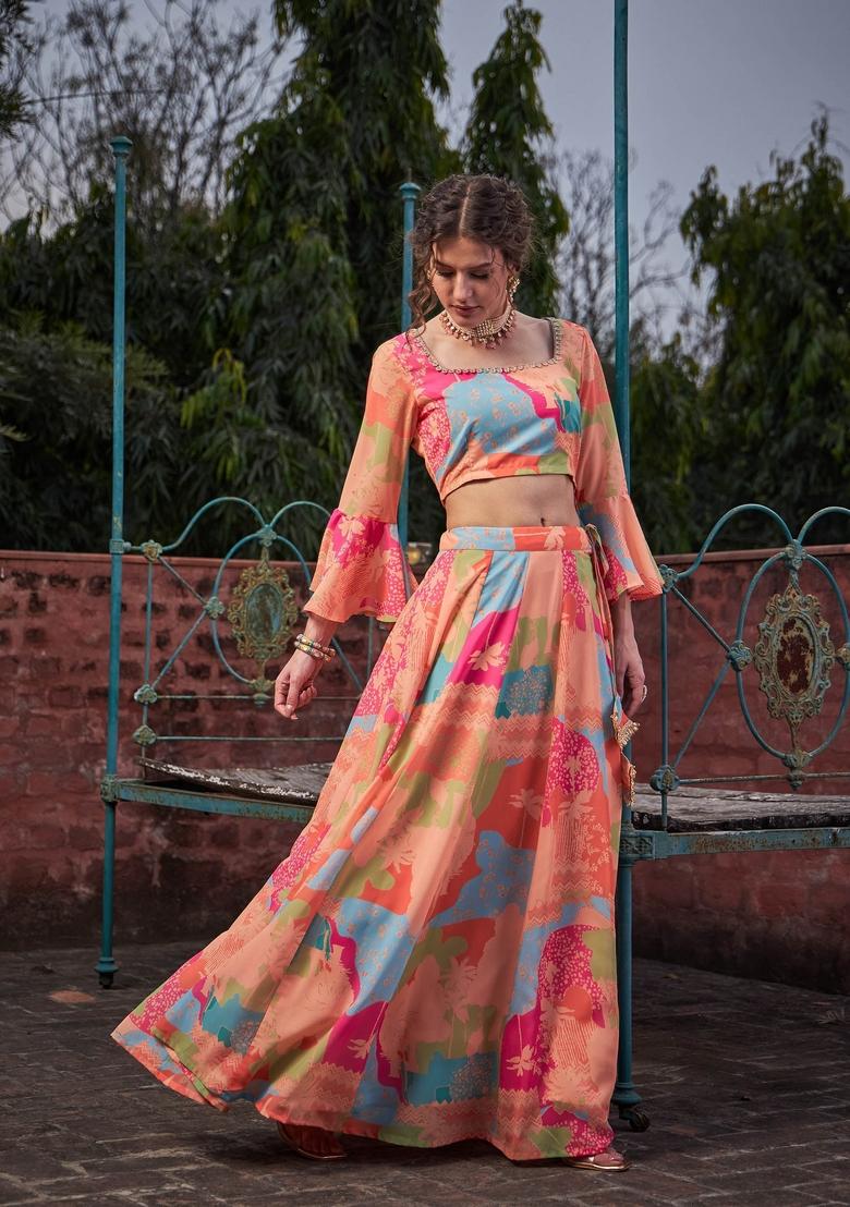 Orange Embroidered Georgette Co Ord Set