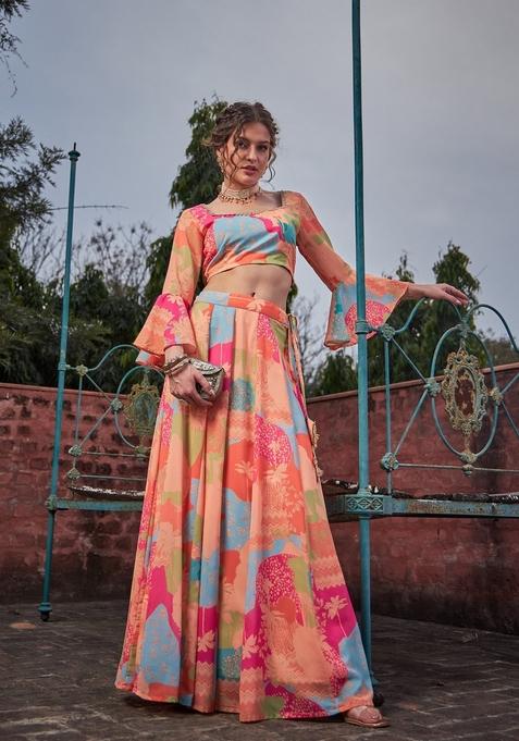 Orange Embroidered Georgette Co Ord Set