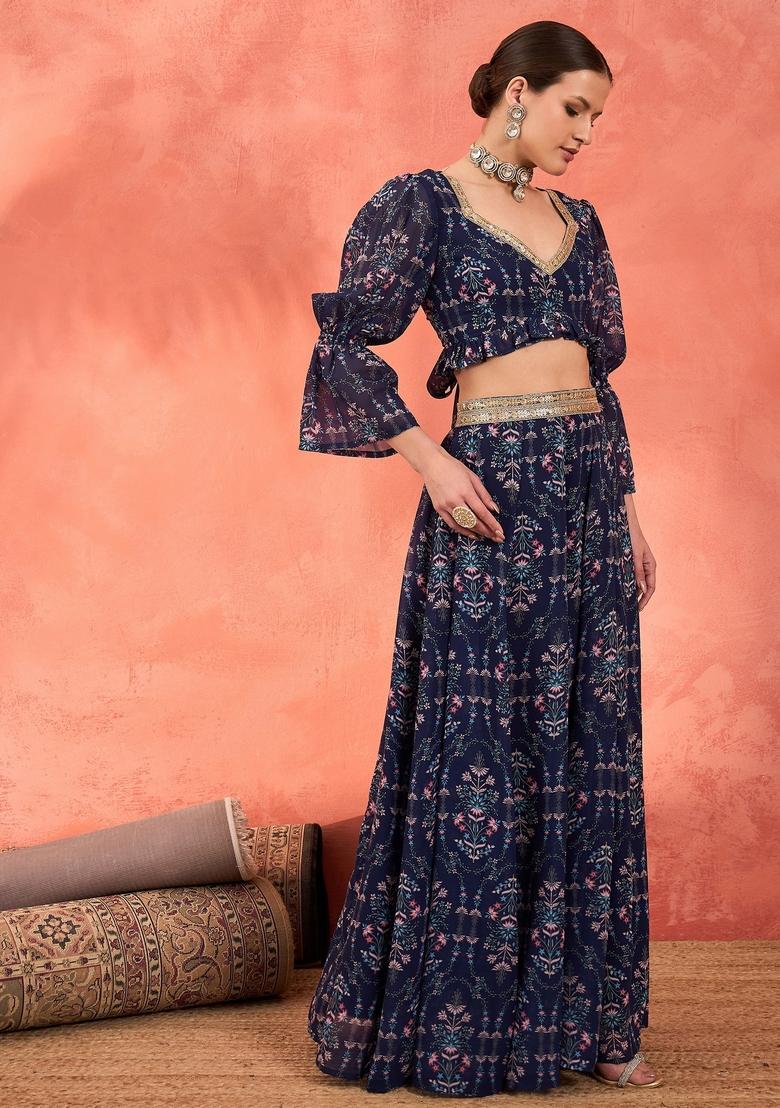 Navy Blue Embroidered Georgette Co Ord Set