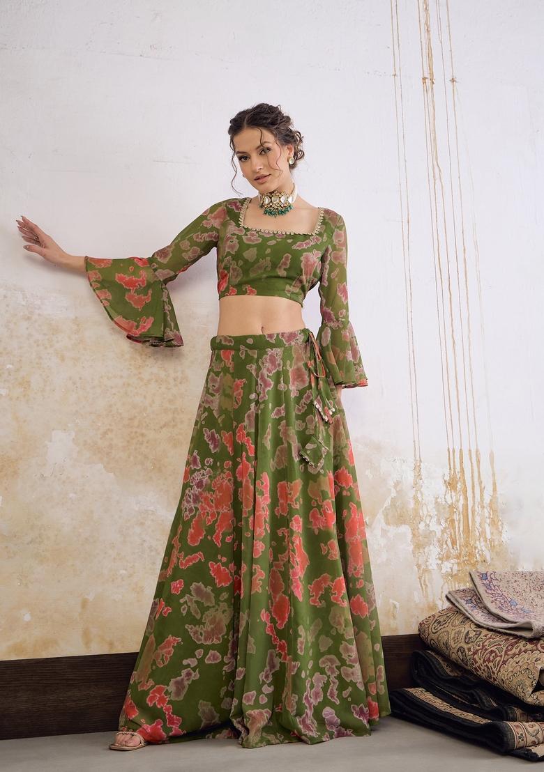Green Embroidered Georgette Co Ord Set