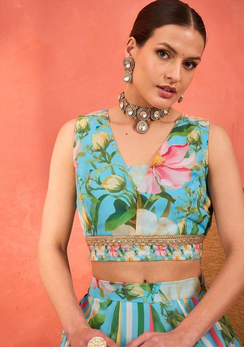 Blue Embroidered Polyester Co Ord Set