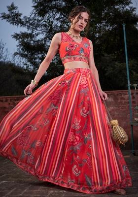 Red Embroidered Polyester Co Ord Set