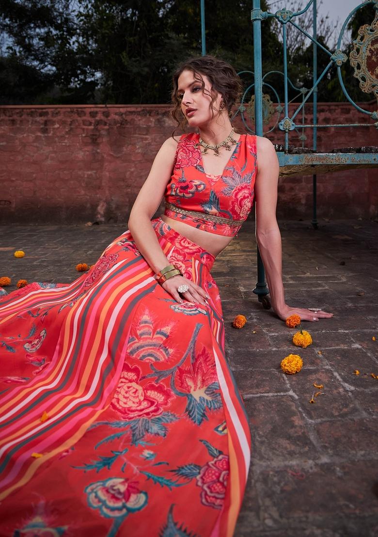 Red Embroidered Polyester Co Ord Set