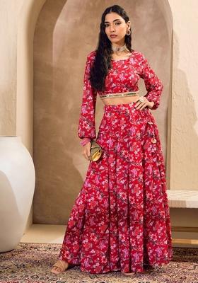 Red Embroidered Polyester Co Ord Set
