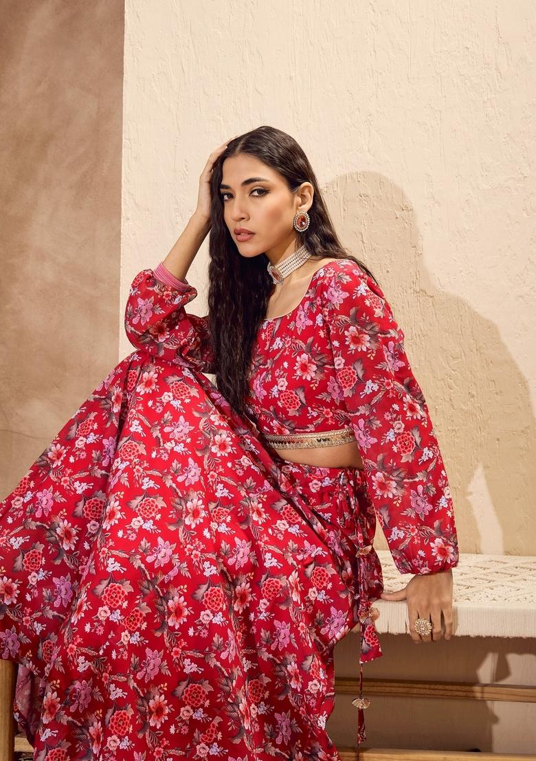 Red Embroidered Polyester Co Ord Set