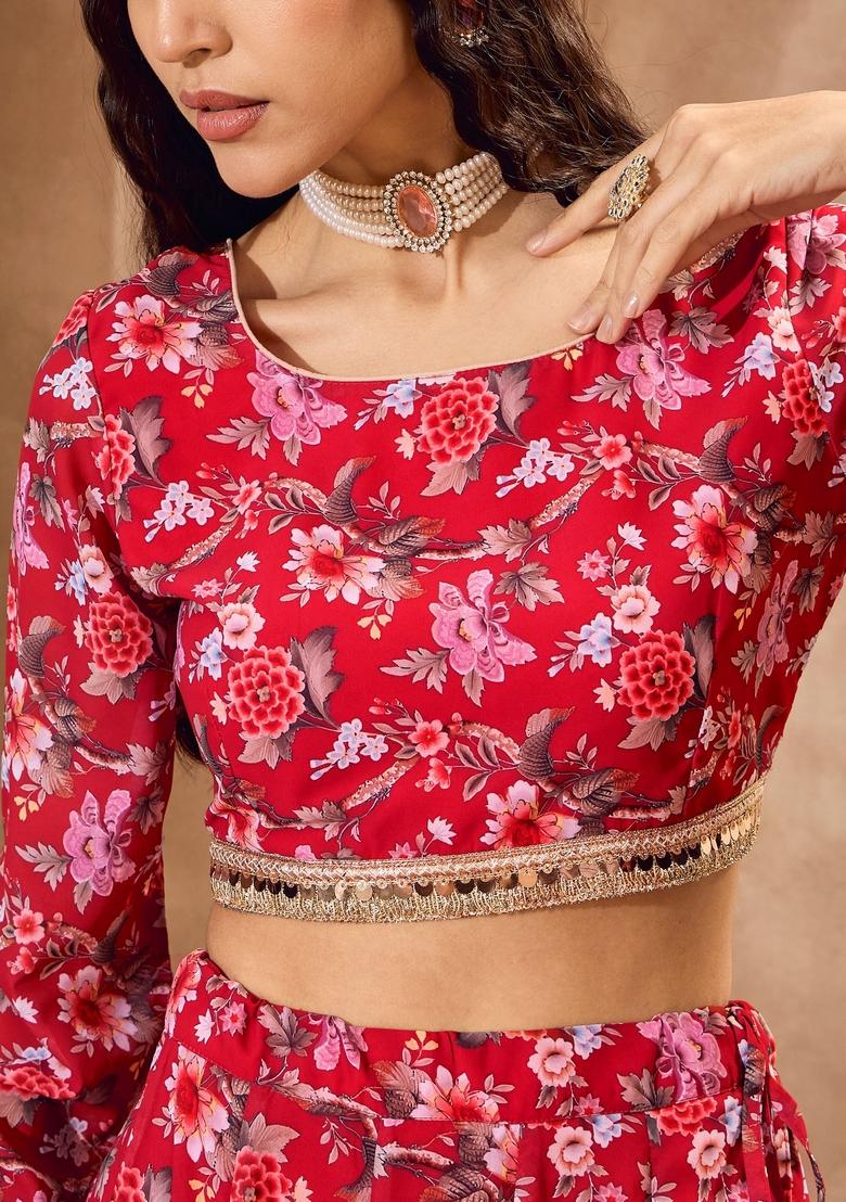 Red Embroidered Polyester Co Ord Set
