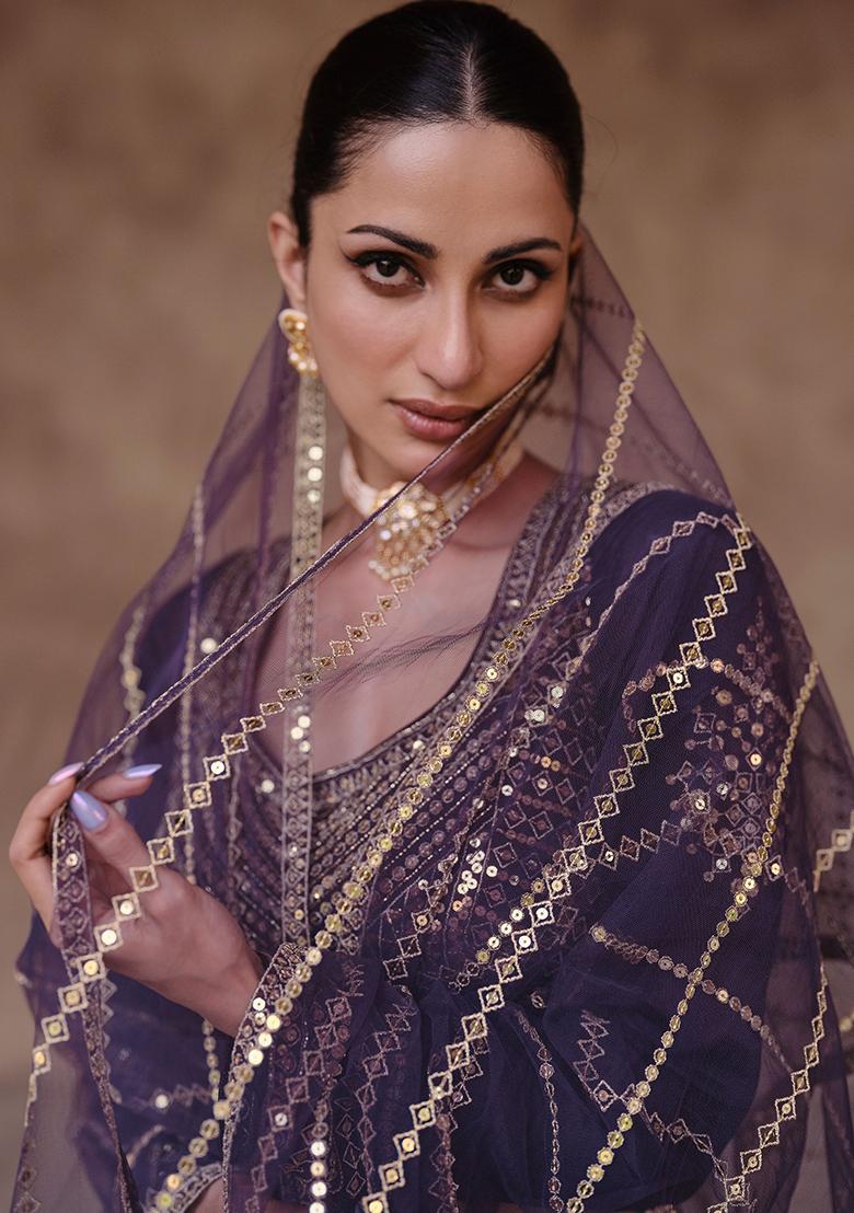 Purple Embroidered Chinon Silk Lehenga Set