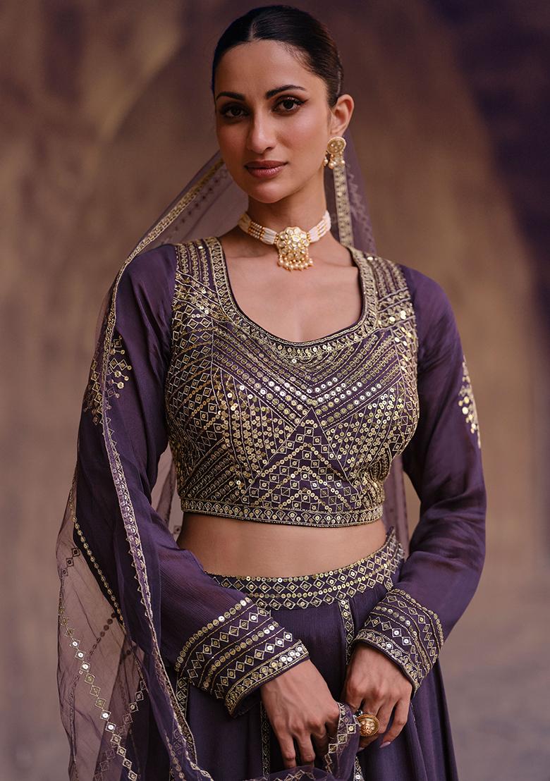 Purple Embroidered Chinon Silk Lehenga Set
