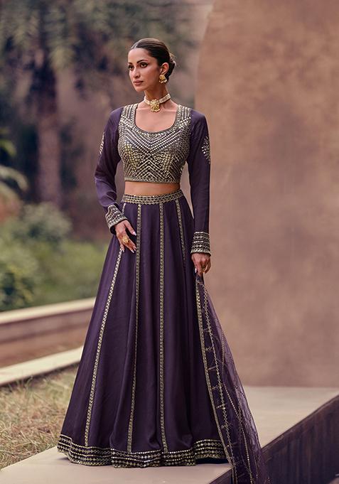 Purple Embroidered Chinon Silk Lehenga Set