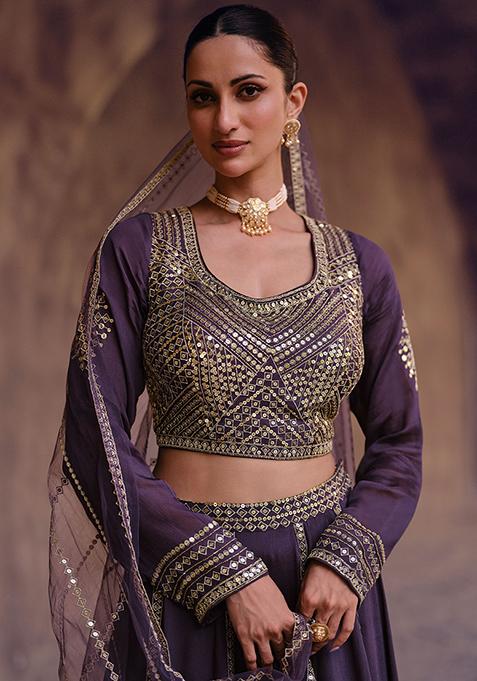 Purple Embroidered Chinon Silk Lehenga Set