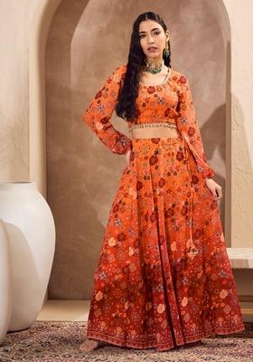 Orange Embroidered Polyester Co Ord Set