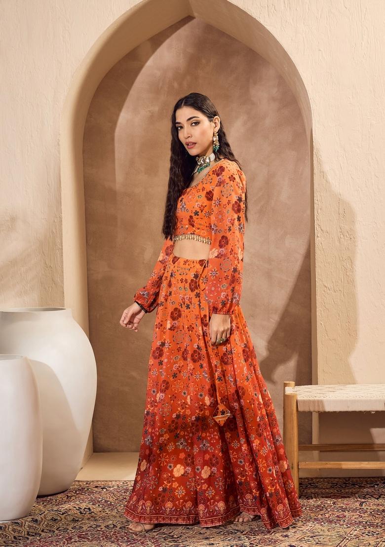 Orange Embroidered Polyester Co Ord Set