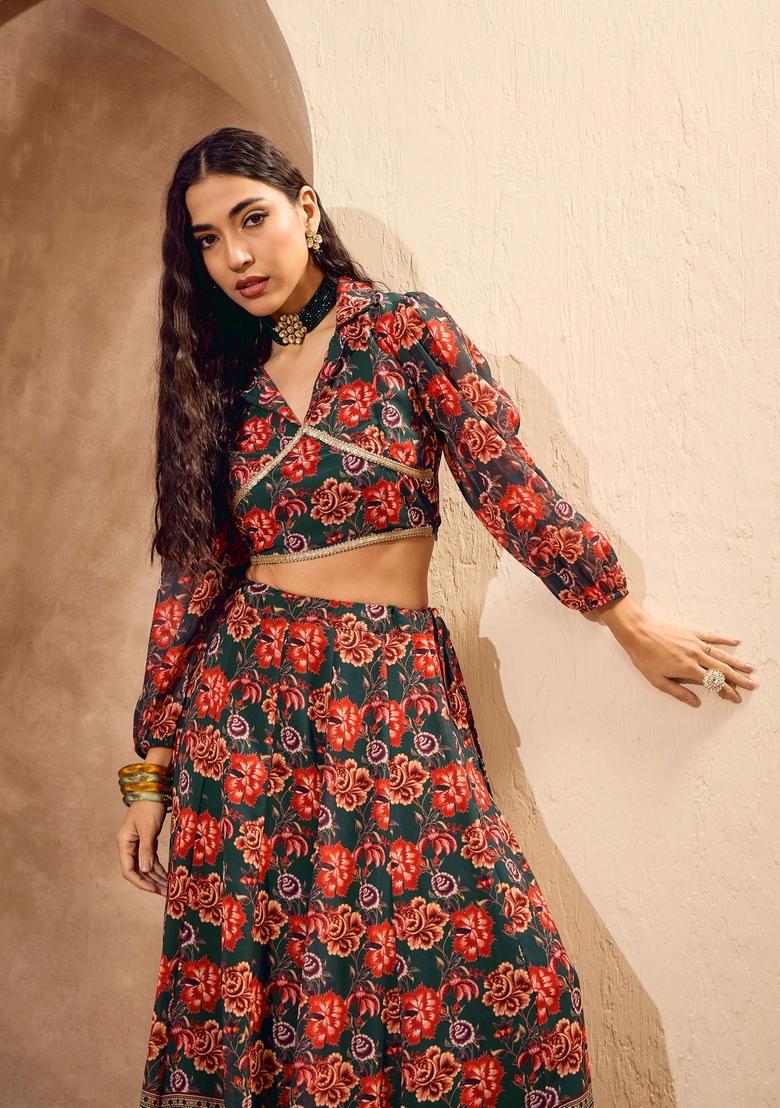 Green Embroidered Polyester Co Ord Set