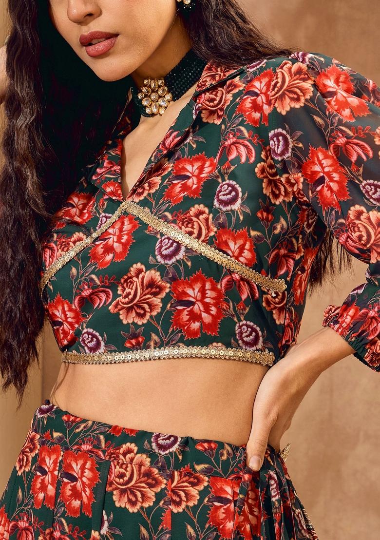 Green Embroidered Polyester Co Ord Set