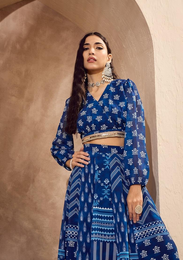 Blue Embroidered Polyester Co Ord Set