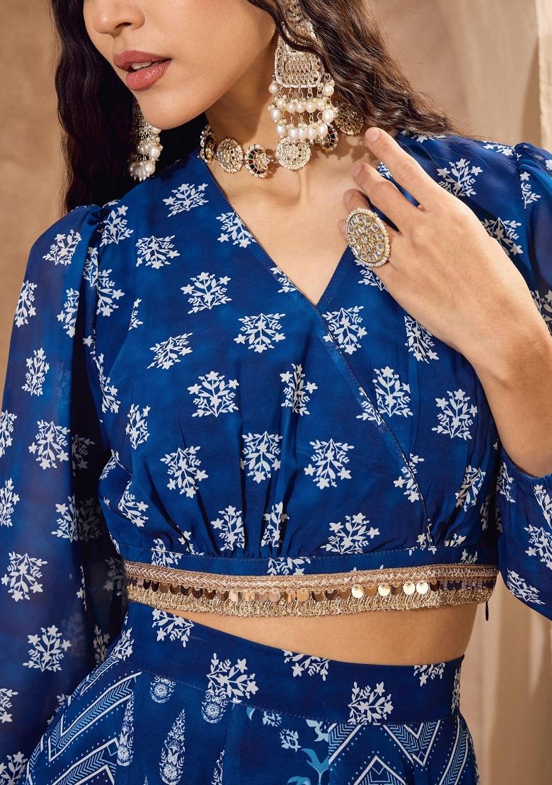 Blue Embroidered Polyester Co Ord Set