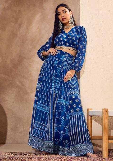Blue Embroidered Polyester Co Ord Set