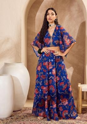 Blue Embroidered Polyester Co Ord Set