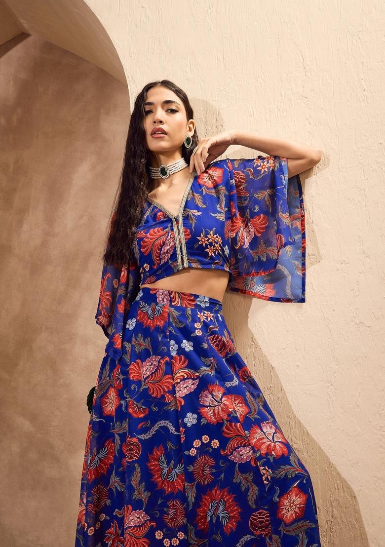 Blue Embroidered Polyester Co Ord Set