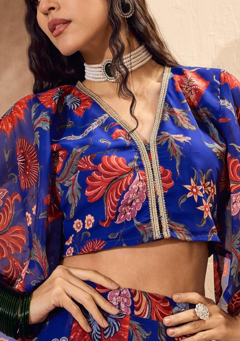 Blue Embroidered Polyester Co Ord Set