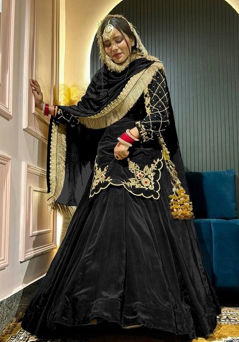 Black  Embroidered Silk Lehenga Set With Dupatta
