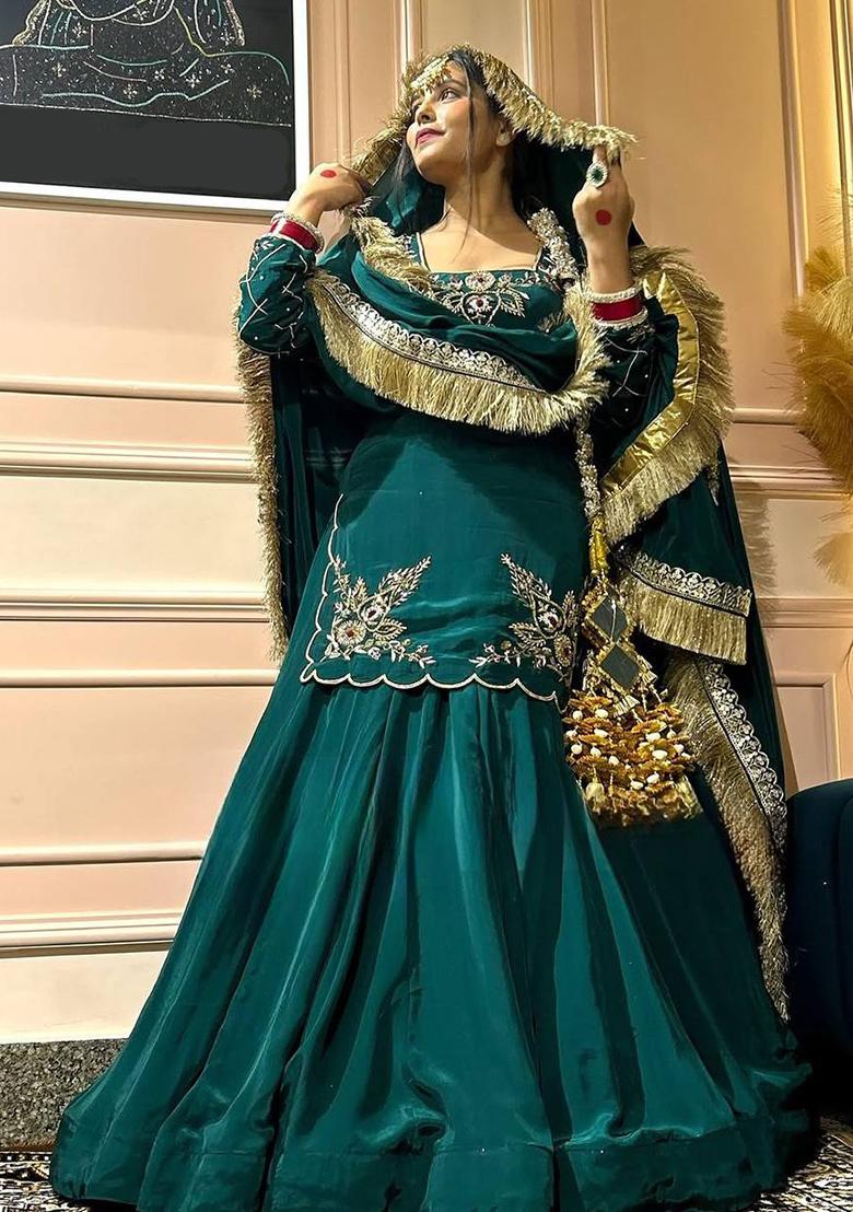 Green Embroidered Silk Lehenga Set With Dupatta