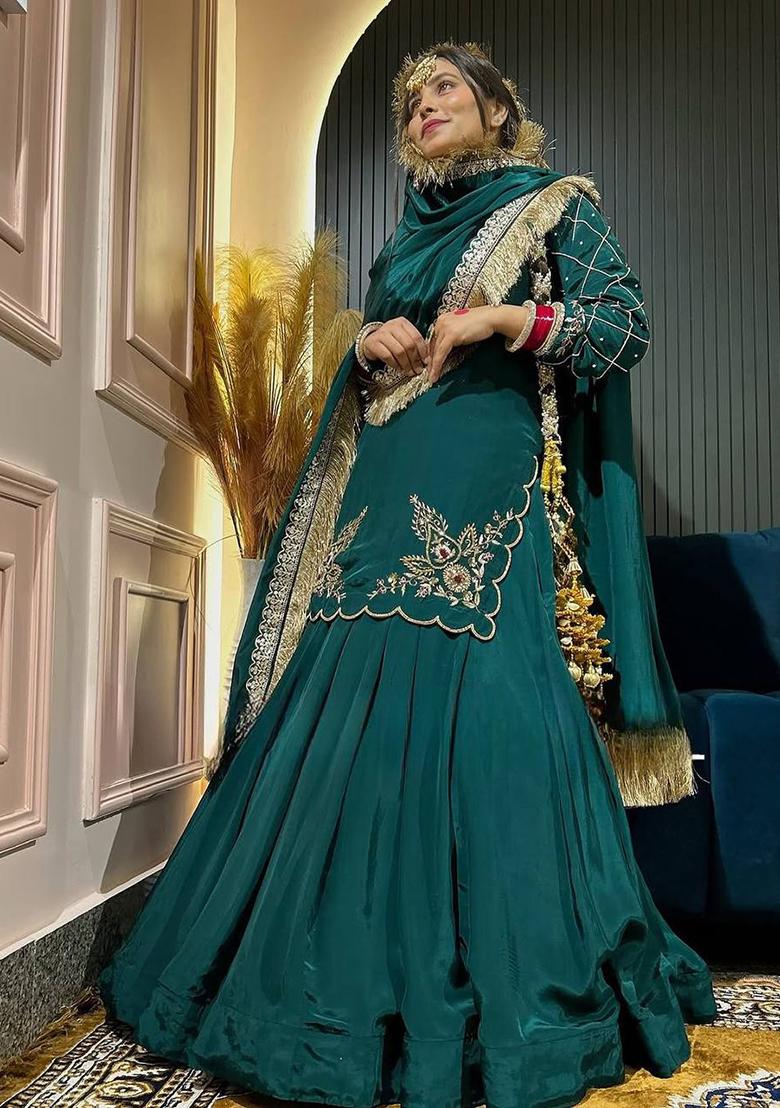 Green Embroidered Silk Lehenga Set With Dupatta