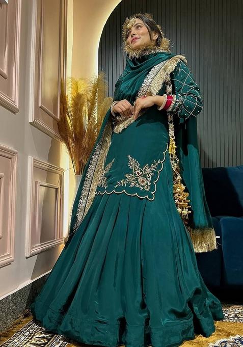Green Embroidered Silk Lehenga Set With Dupatta