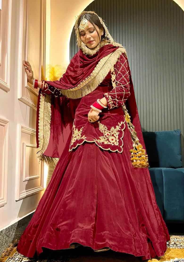 Maroon Embroidered Silk Lehenga Set With Dupatta
