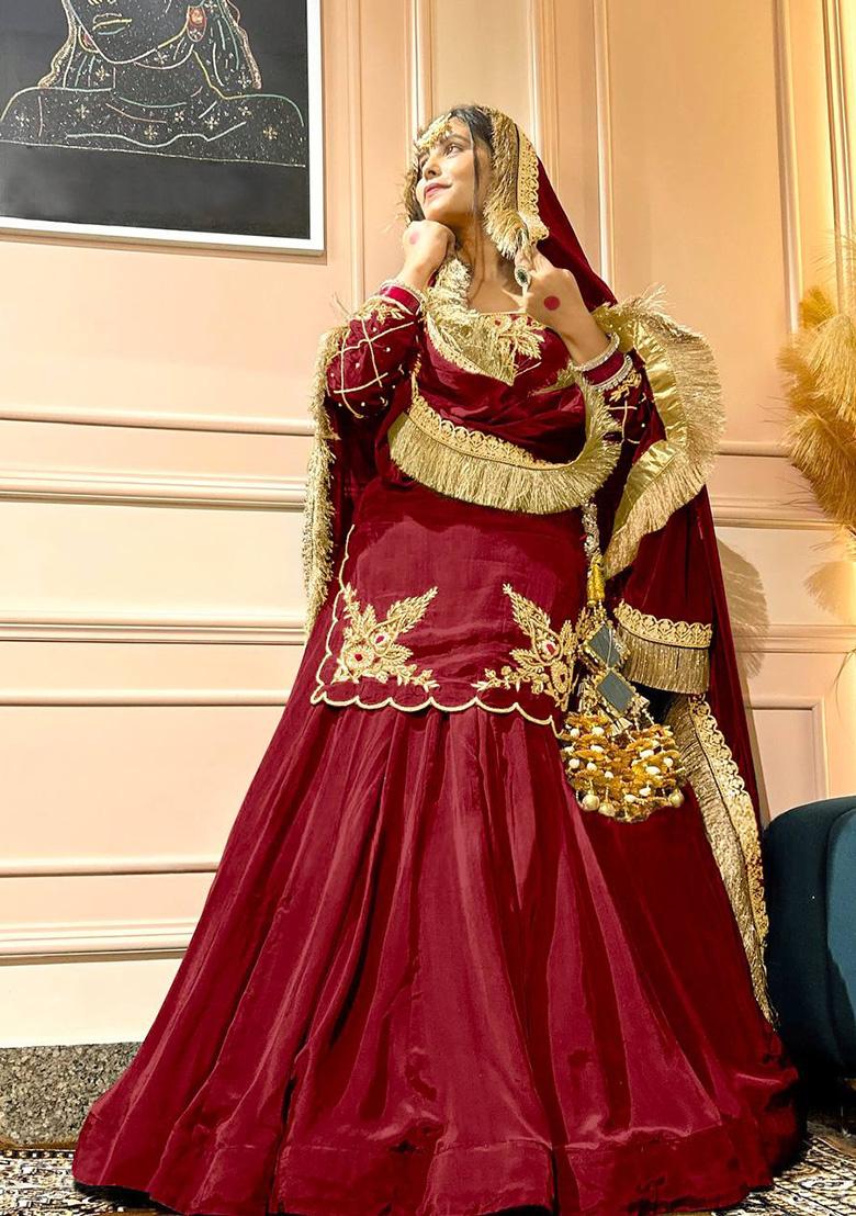 Maroon Embroidered Silk Lehenga Set With Dupatta