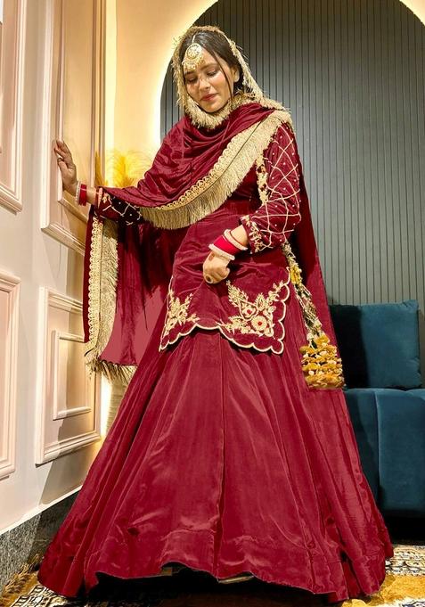 Maroon  Embroidered Silk Lehenga Set With Dupatta