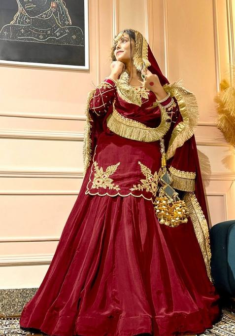 Maroon Embroidered Silk Lehenga Set With Dupatta