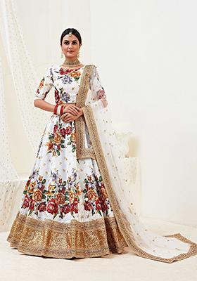 White Embroidered Banglori Satin Lehenga Set