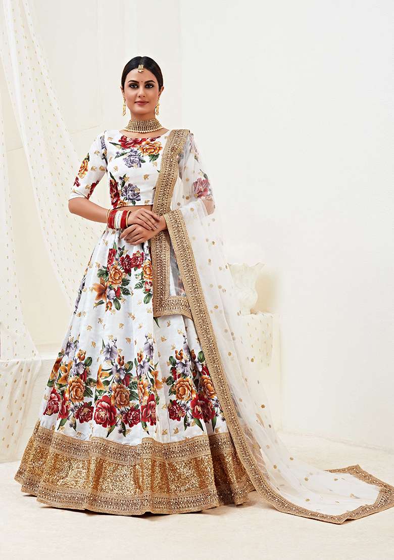 White Embroidered Banglori Satin Lehenga Set for Diwali and Festive Wear - Indya