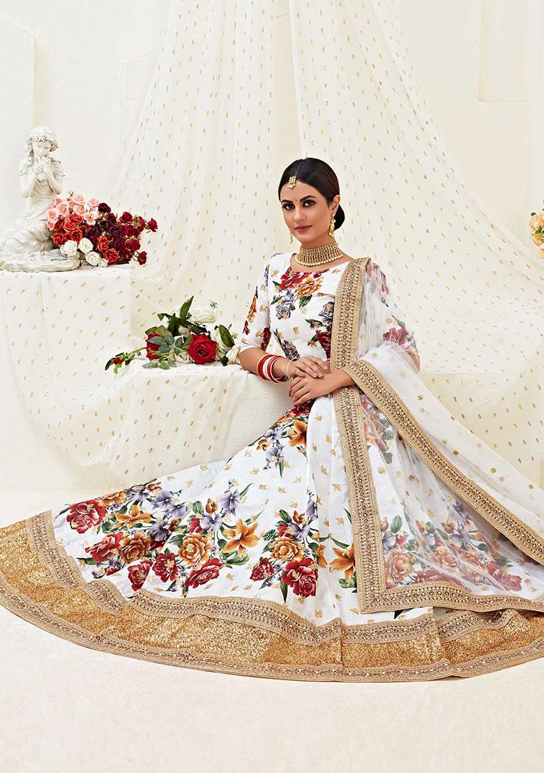 White Embroidered Banglori Satin Lehenga Set for Diwali and Festive Wear - Indya