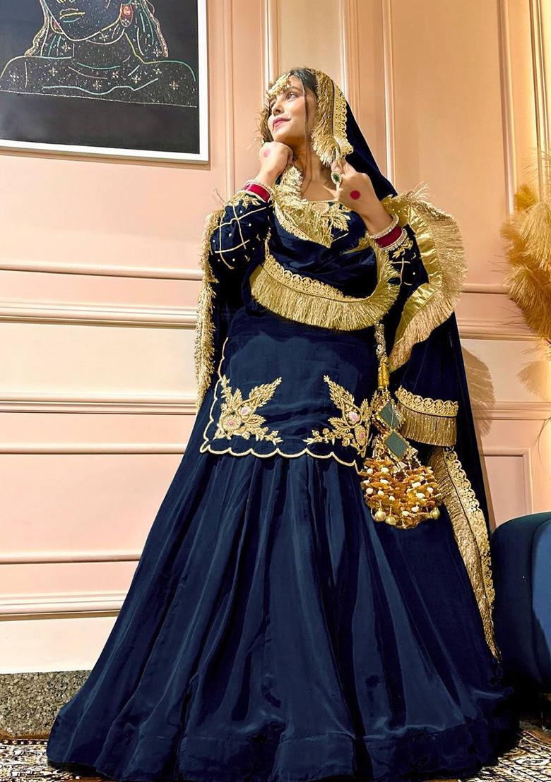 Navy Blue Embroidered Silk Lehenga Set With Dupatta