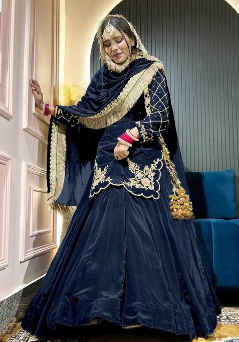 Navy Blue Embroidered Silk Lehenga Set With Dupatta