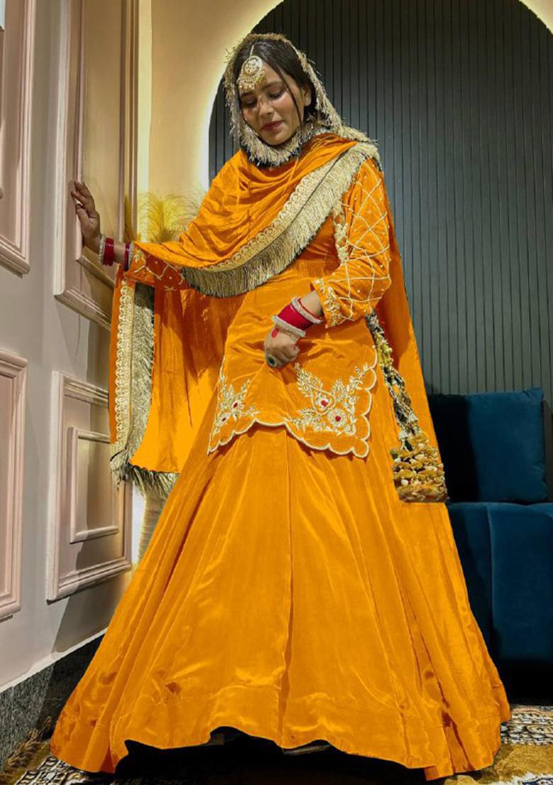 Yellow Embroidered Silk Lehenga Set With Dupatta