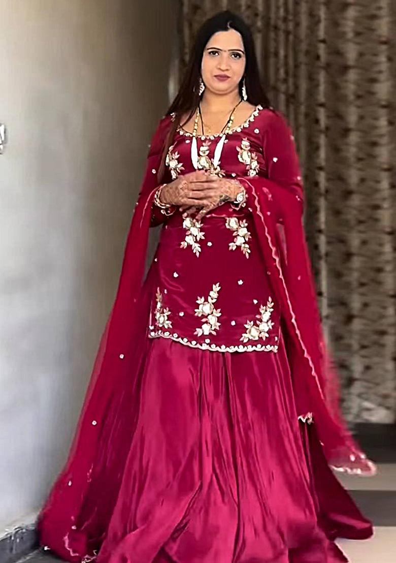 Maroon Embroidered Silk Lehenga Set With Dupatta