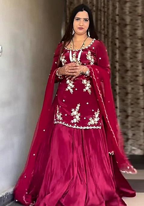 Maroon  Embroidered Silk Lehenga Set With Dupatta