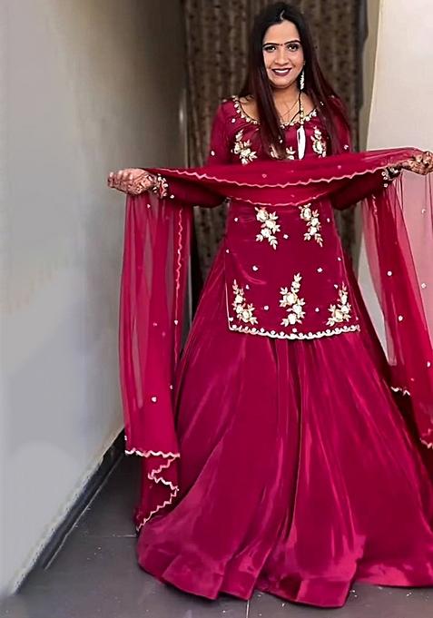 Maroon Embroidered Silk Lehenga Set With Dupatta
