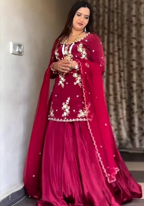Maroon Embroidered Silk Lehenga Set With Dupatta