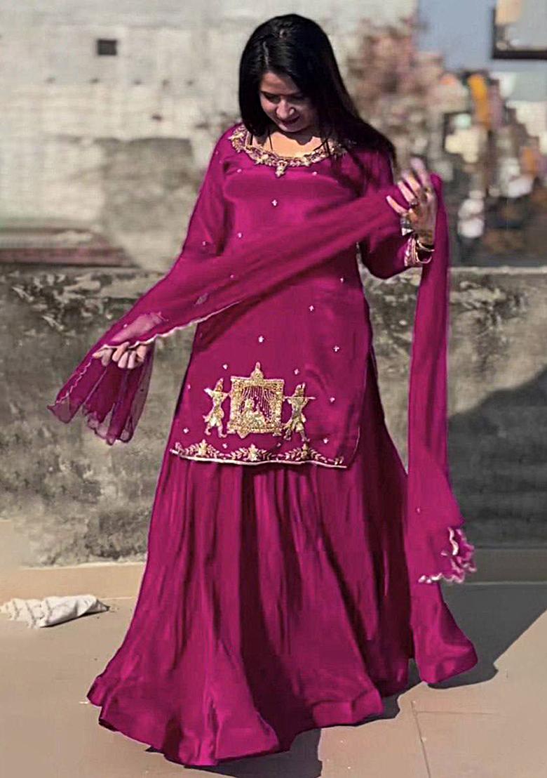 Pink Embroidered Silk Lehenga Set With Dupatta