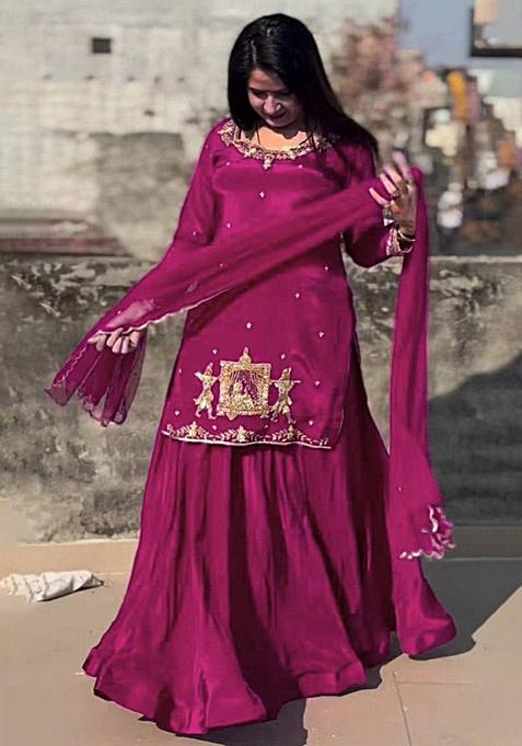 Pink Embroidered Silk Lehenga Set With Dupatta